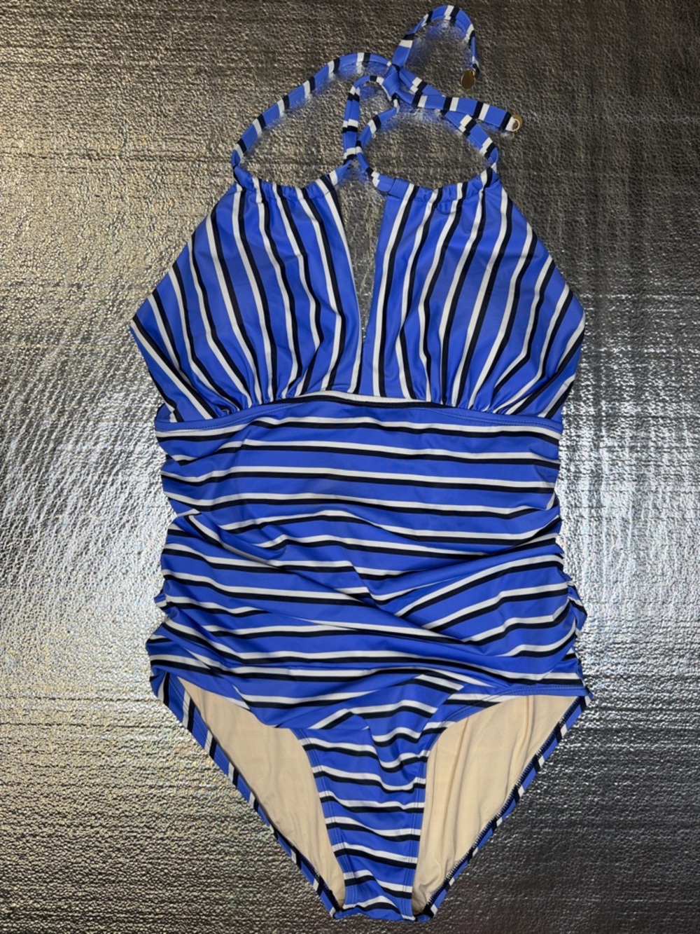 Coastal Blue Striped Halter One-Piece in Royal Blue and White